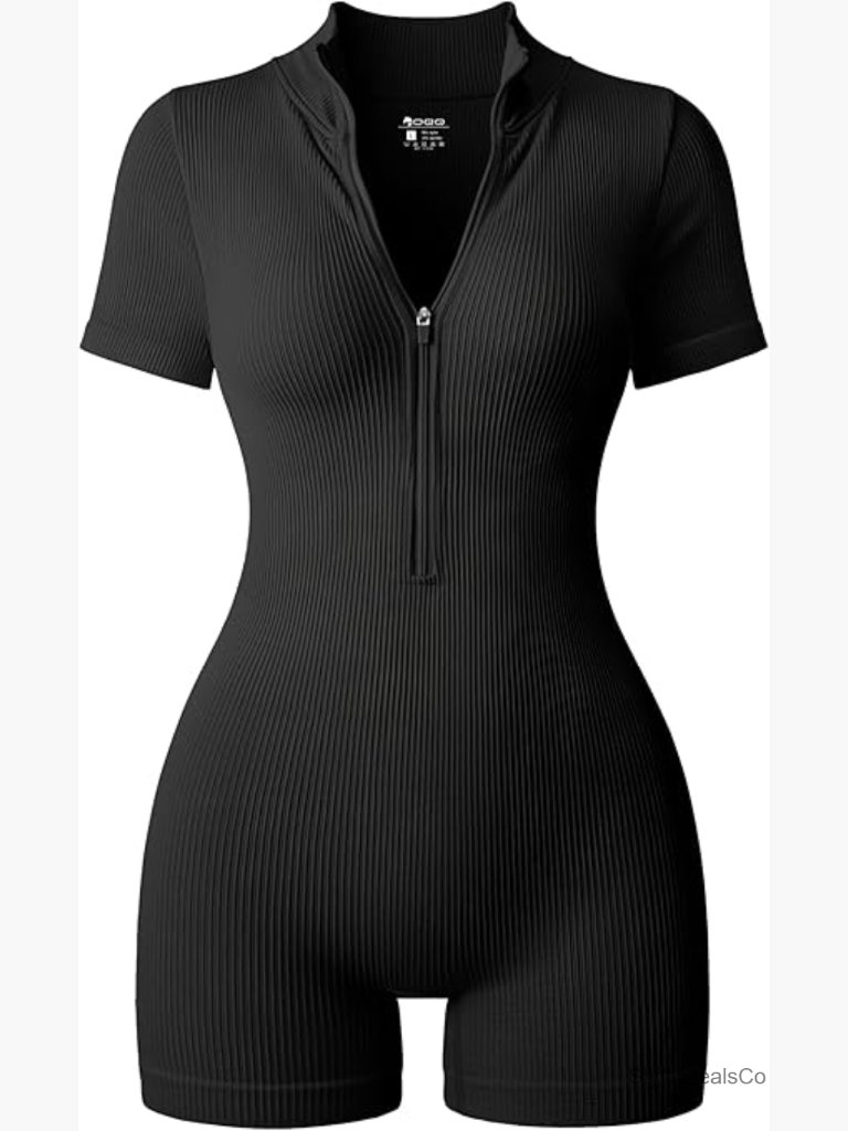 Ribbed Short Sleeve Zip Front Romper Tummy Control Yoga Workout Romper